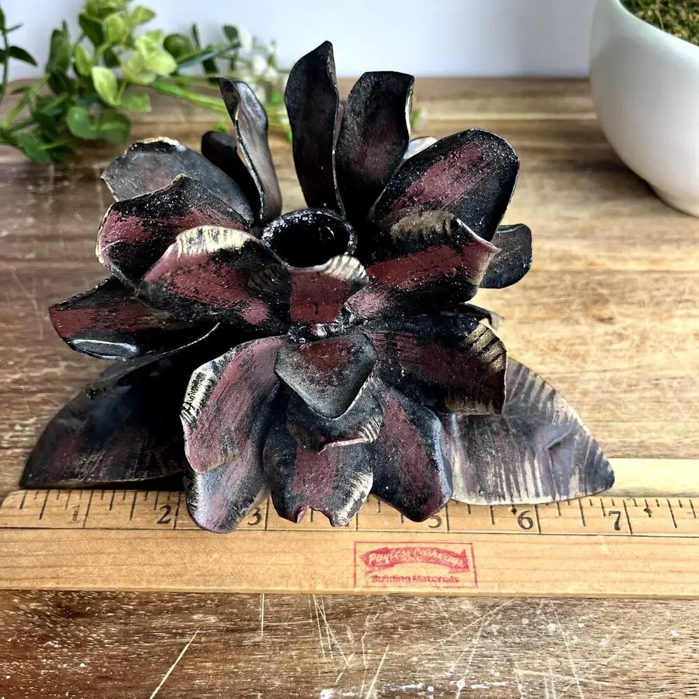 Rustic Metal Blooming Flower Pinecone Candle Holder Sculpture Handmade Weathered